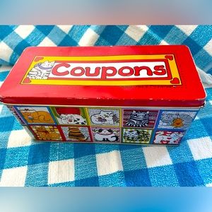 Coupon Caddy Lidded Tin, Vintage Early 1980s, Kitschy Coupon Keeper, Cat Artwork